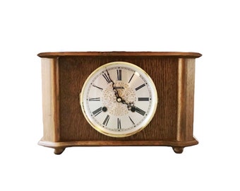 Vintage Brown Wooden Mid-century Roman Numerals Hermle Germany Quartz Mantel Clock Table Shelf Office Living Room Entryway Bedroom Decor