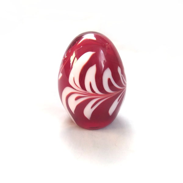 Vintage Ruby Red and Milk White Pattern Murano Style Art Glass Ornament Oval Egg Shaped Paperweight  Collector Gift Home Shelf Desk Decor