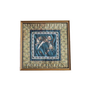 Vintage Embroidery Wall Decor Embroidered Bird Flowers Chinese Oriental Asian Art Work Silk  Framed Panel Turquoise Blue Wooden Frame Gift