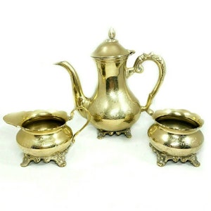 Vintage Victorian Style EPNS Silver Plated Brass 3 Pieces Coffee Set Coffee Pot Creamer Sugar Pot Hand Chased Etched Footed Tea Pot Kettle