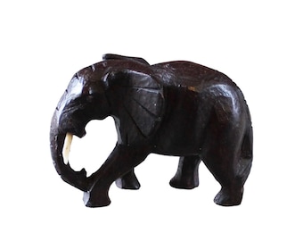 Vintage Small Brown Wooden Elephant Statue Figurine Brown Hand Carved Wood Boho Eco Farmhouse Shelf Desk Decor Gift Idea