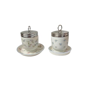 Vintage Royal Worcester China Forget Me Not Cottage Flowers King Size Double Egg Coddler and Dish Small Plate Set Tableware Made in England