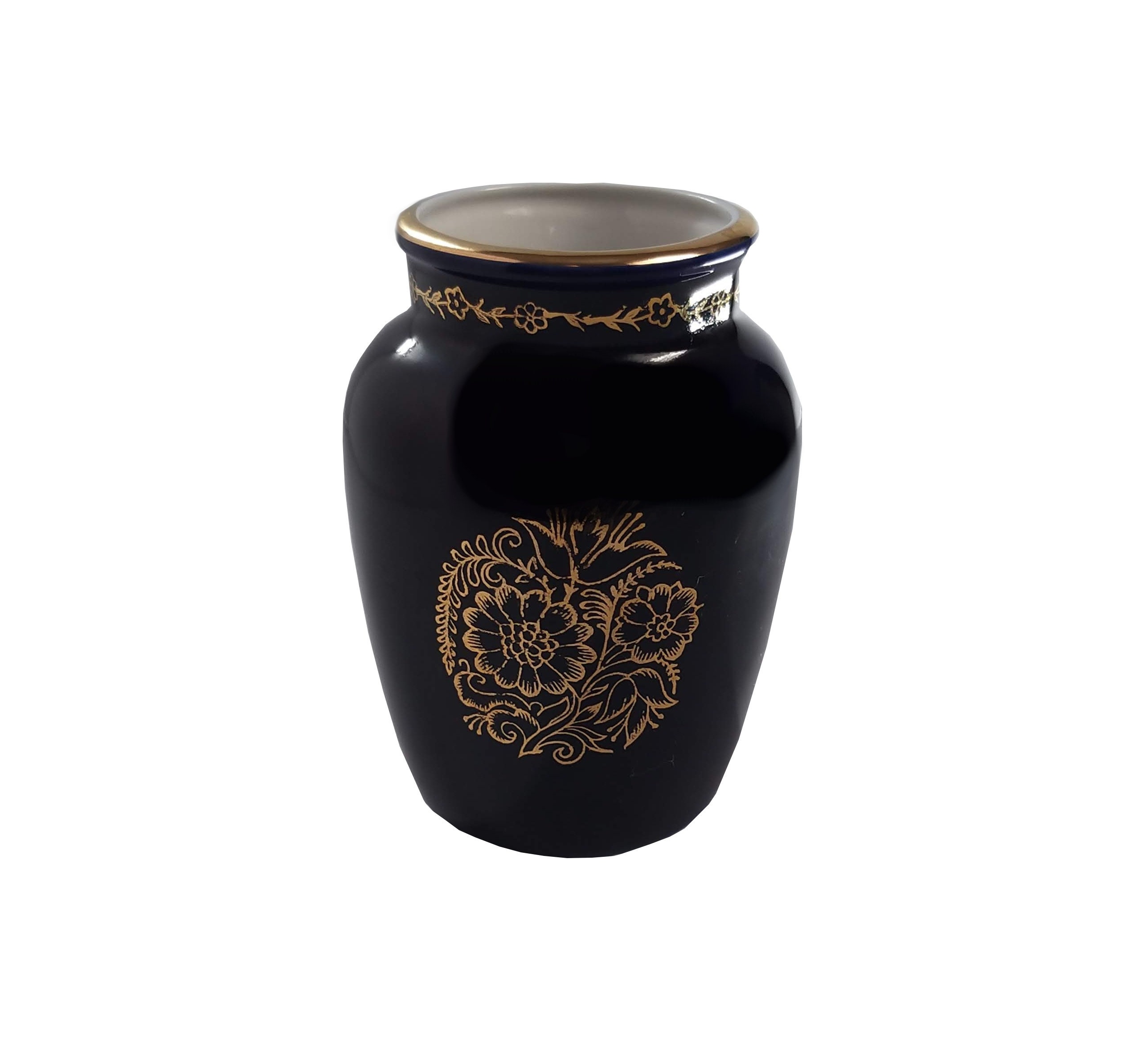 コバルトブルーの金箔装飾花瓶 ヴィンテージ 磁器 花瓶 コバルトブルー 花模様 金箔