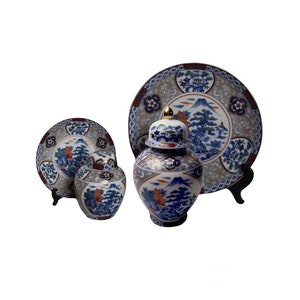 4 x Vintage Japan Tozan Oriental Decorative Ginger Jars and Plates Grey Blue Imari Mount Fuji Fujiyama Pattern Home Decor