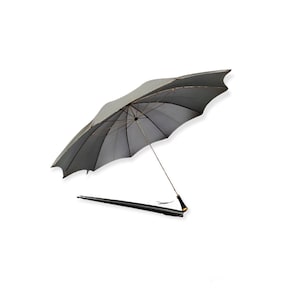 Antique Green Umbrella in Black Faux Leather Zipp Case Filigree Brass Handle Retro Cosplay Costume Accessory Farmhouse House Decor