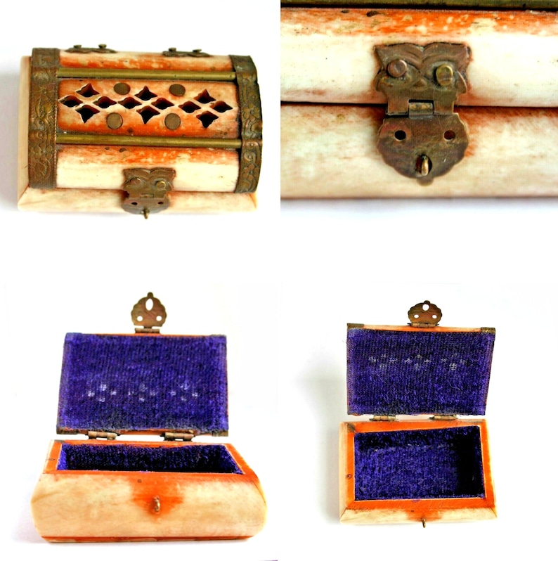 Vintage Morocco Camel Bone & Brass Trinket Box Velvet Lined Etsy