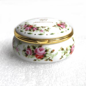 Vintage Leonardo Collection Wedding Gold 50th Anniversary Porcelain White Gold Trim Rose Floral Small Round Ring Jewellery Trinket Pill Box