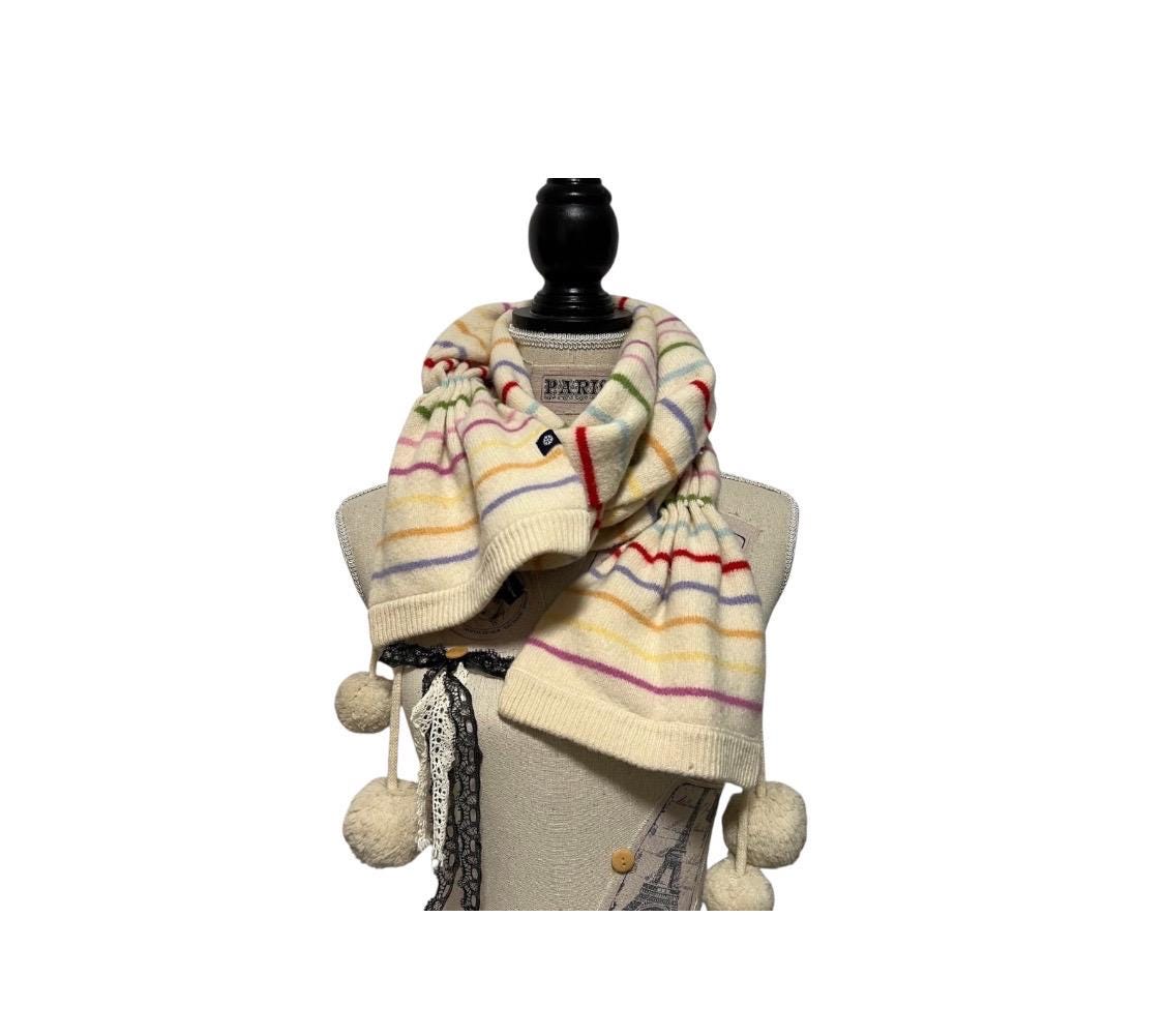 小物 90s OLD GAP Rainbow Knit Muffler. Vintage GAP Kids Women's Unisex 100% Lambs Wool Knitted Ivory