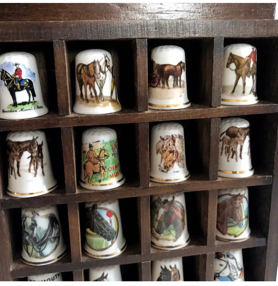 20 Vintage Decorative Sewing Thimbles in Case Display Shelf