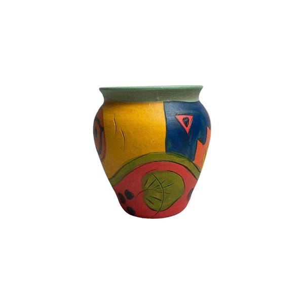 Vintage Bright Colorful Studio Hand Painted Small Vase Costa del Sol Spain Multicolored Decorative Terracotta Pot Farmhouse Retro Decor