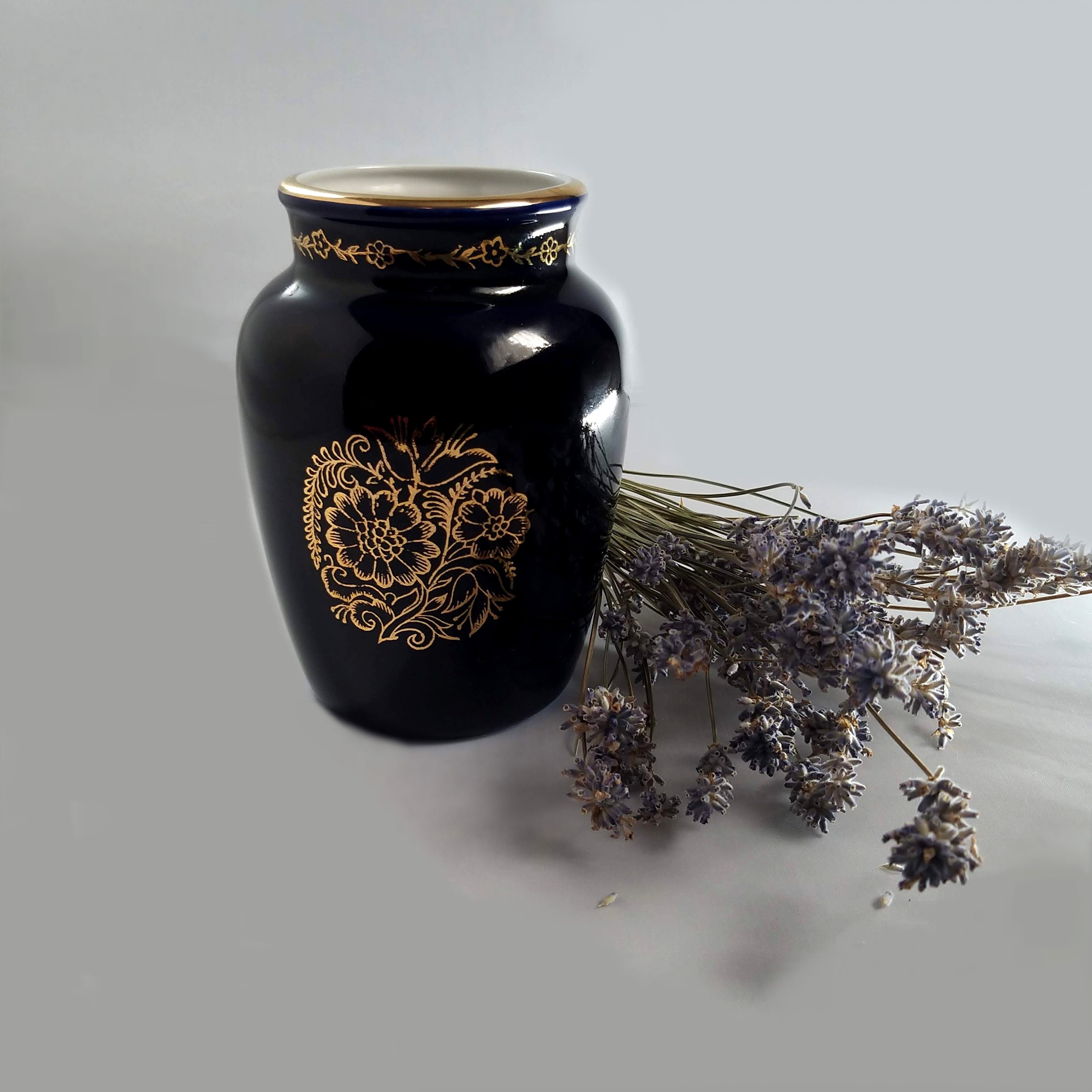 ヴィンテージ 磁器 花瓶 コバルトブルー 花模様 金箔