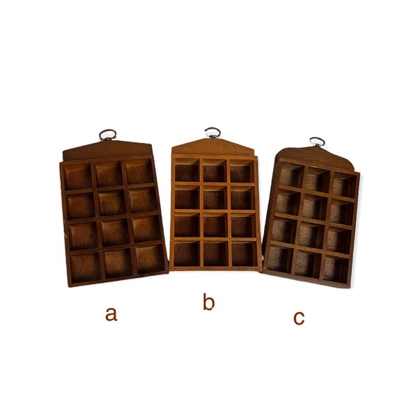 Vintage Brown Wooden Wall Hanging Display Case Shelf Sectional Craft for 12 Sewing Decorative Thimbles Collection Stones Knick-knacks Holder