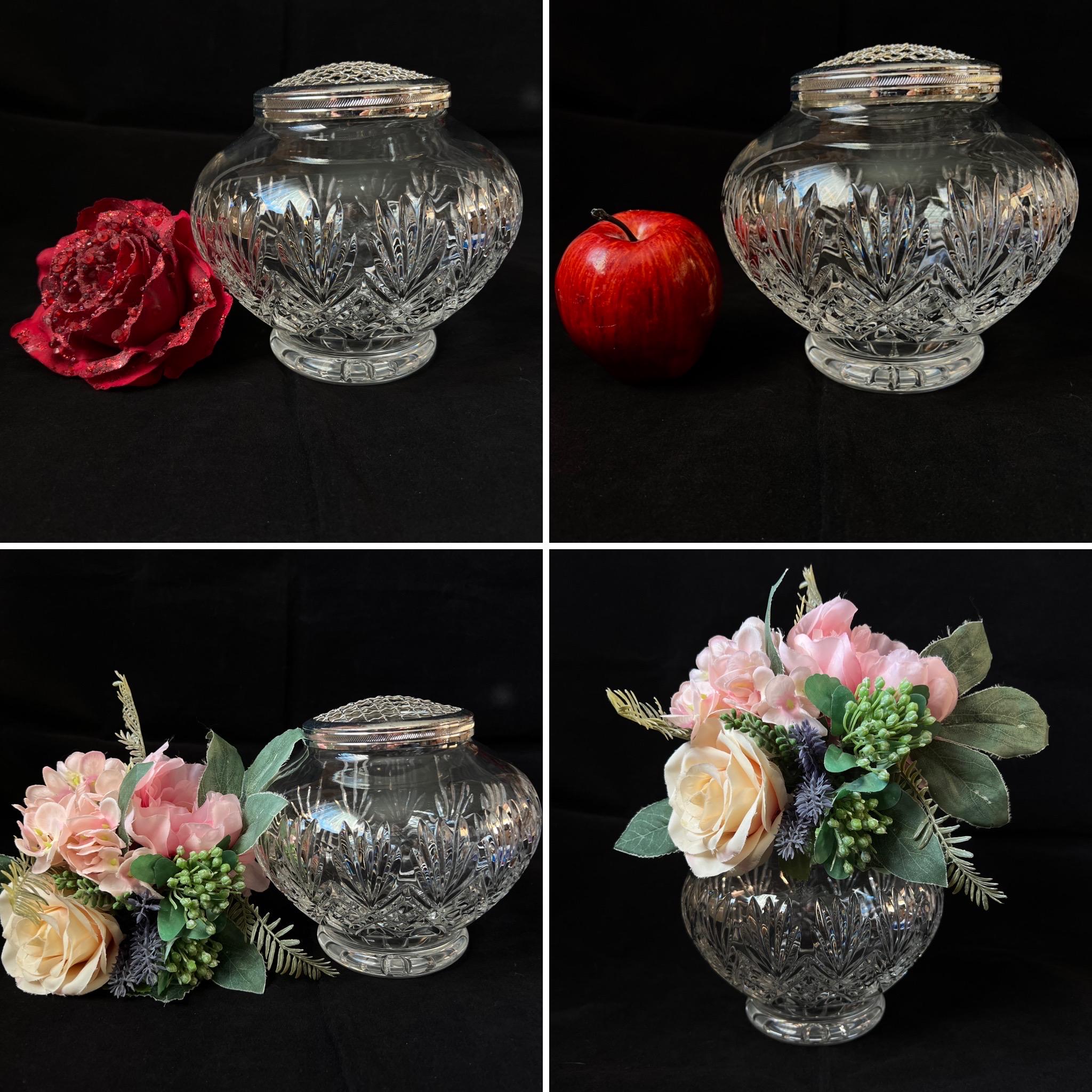 Vintage Large Crystal Glass Rose Bowl Silver Colour Metal Mesh 