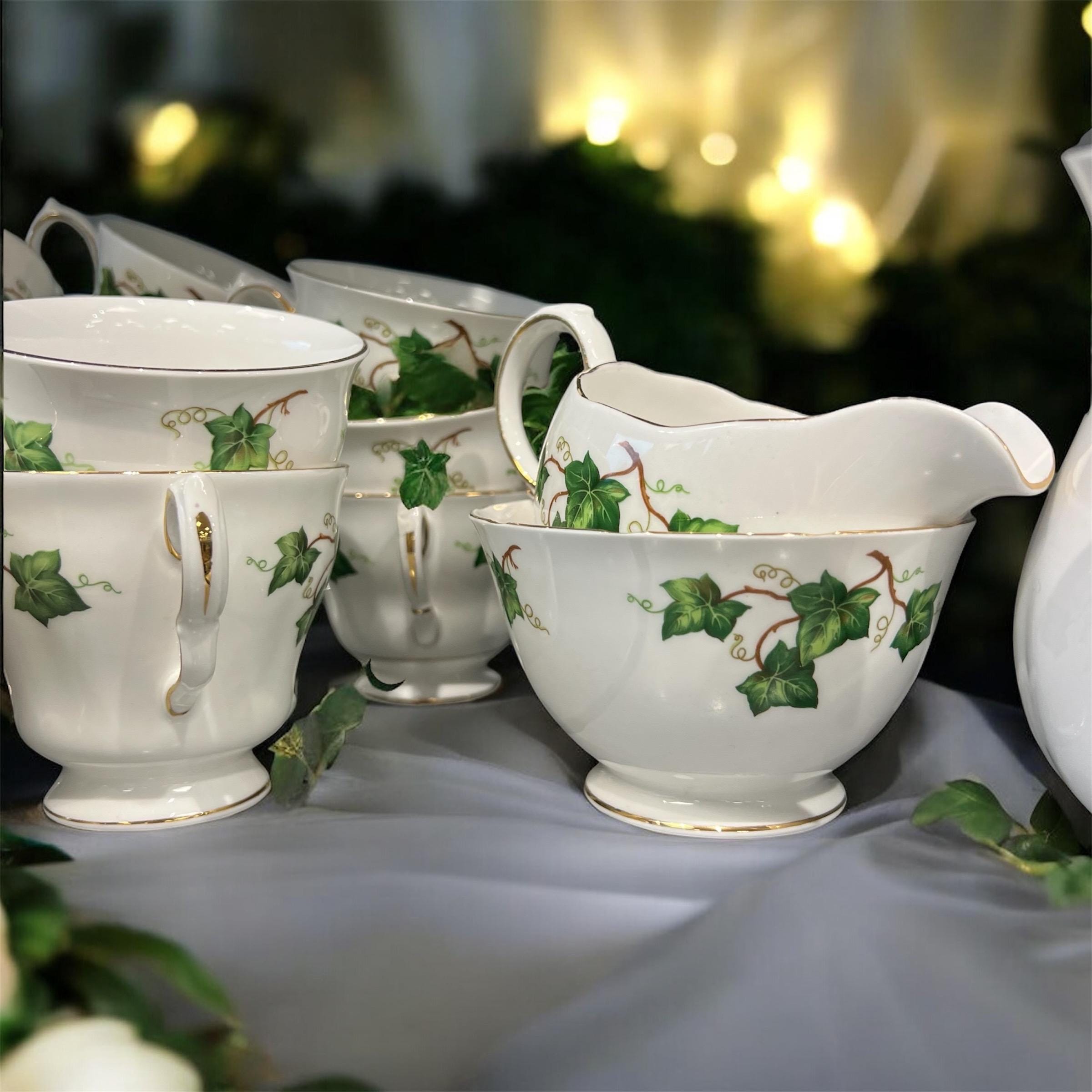 Vintage Colclough Ivy Vine Tea Set White English Bone China Green