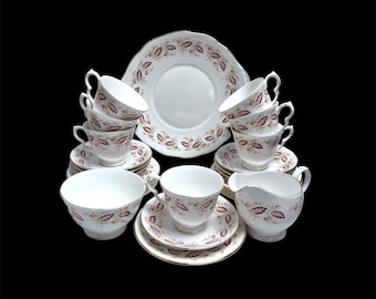 Vintage Queen Anne Bone China Tea Set: Red Leaves, Gild Rim, Trio, 8574