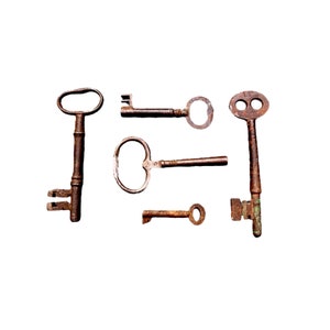 5 x Antike Vintage rostige kleine Metall-Skelett-Schlüssel-Set Bauernhaus Cottage Dekorative rustikale Dekor