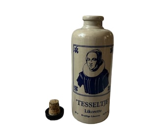 Tesseltje Likorette Empty Bottle And Cork Stopper Holland  Stoneware Bottle Salt Glazed Pottery Cylindrical White Beige Blue Farmhouse Decor