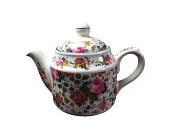 Vintage Vit Sadler Tekanna Gammal Chintz Rosa Rosor Blå Beige Blommönster Liten Två Koppar Tekanna Retro Köksinredning