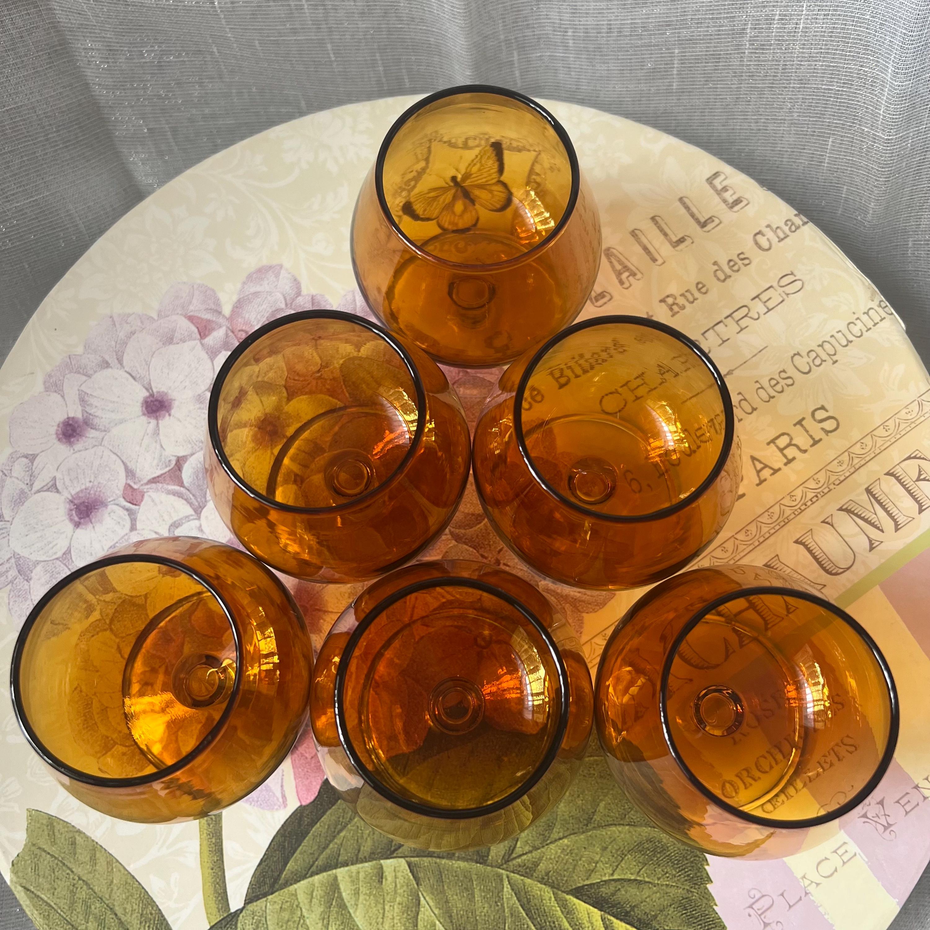 Vintage Finelsa Spain Amber Orange Glass Top Clear Base Set of 6