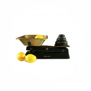 Vintage waymaster preto ferro fundido equilíbrio retro balanças de cozinha com tigela de bronze e pesos de ferro fazenda cottage restaurante decoração