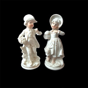 Vintage Biscuit White Gold Patterned Baroque Boy & Girl Porcelain Figurines Figures Sculptures Germany S Over Crown Mark Shelf House Decor