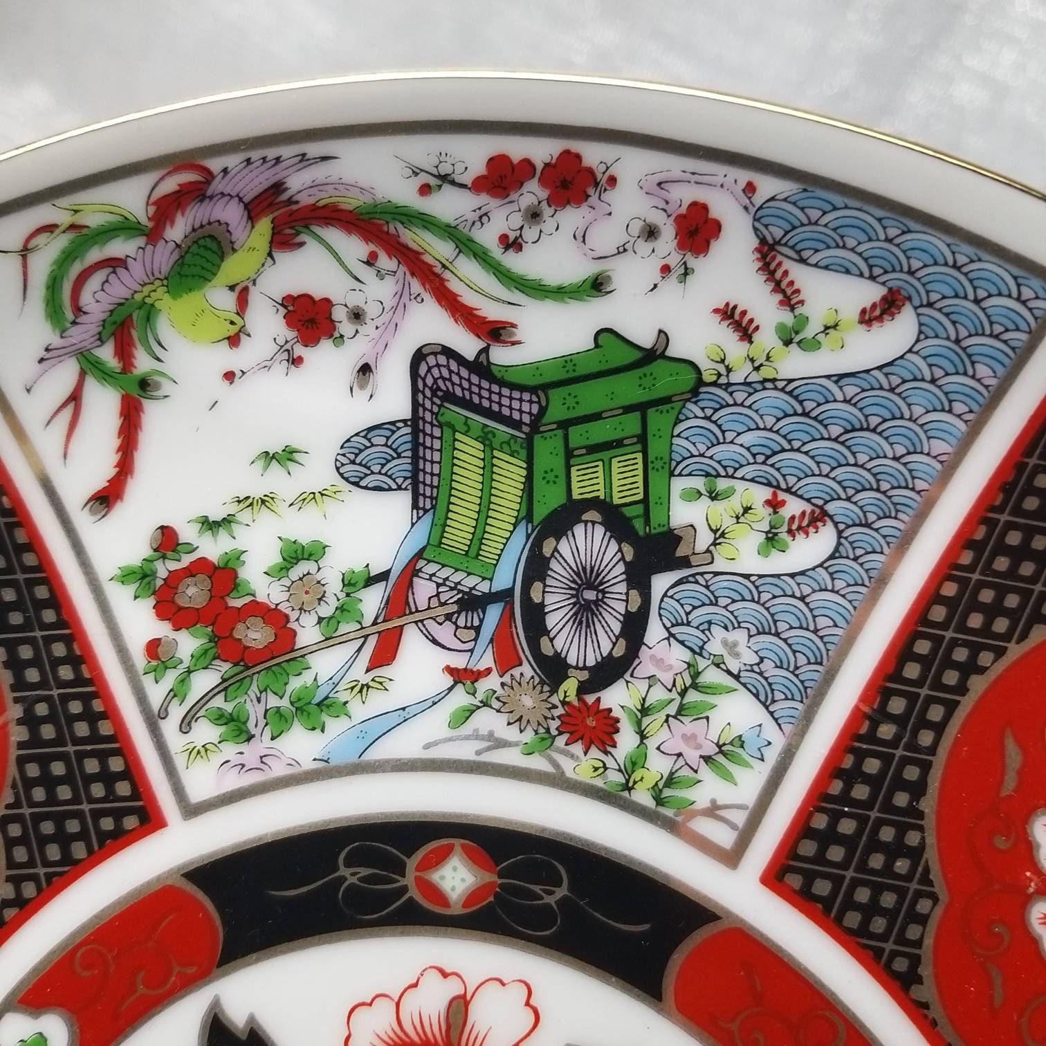 ヴィンテージ 伊万里焼 日本製 東洋装飾皿 黒 赤 緑 青 金 伊万里 鳥