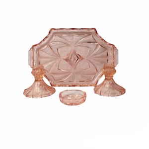 Vintage 1930 Art Deco Sowerby # 2638 Depressão Corte Rosa Arte Vidro Estilo Bandeja Castiçais Trinket Prato Vaidade Penteadeira Decoração de Quarto