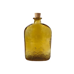 Vintage Amber Yellow Glass Rectangular Flask Bottle & Cork Stopper Vase Decorated with Raised Pattern Unique Display Rustic Farmhouse Decor