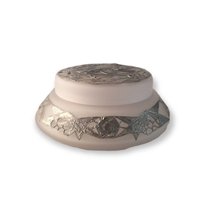 Antique Large French Art Nouveau Frosted Silk Glass Floral Flowers Lid Pewter Decorated Jewelry Trinket Box Powder Jar Vanity Table Decor