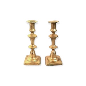 2 Antique Brass Candlesticks Candlestick Candle Holders Set Square Base Wedding Table Shelf Decor Farmhouse Boho Bohemian Decoration
