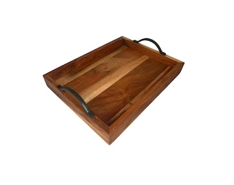 Vintage Holz Serviertablett mit schwarzen Metallgriffen - Rustikale Bauernhaus Dekor
