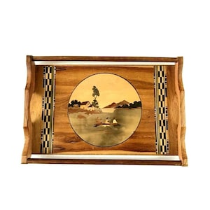 Vintage Large Wooden Serving Rectangular Tray Inlaid Marquetry Old Solid Wood Handmade Retro Kitchen Farmhouse Rustic Decor