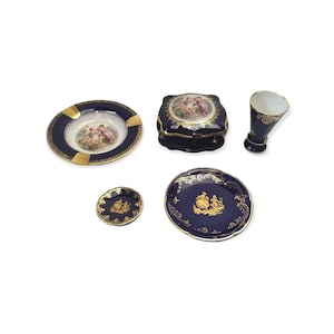 Vintage Limoges France Fragonard Lovers Courting Couple Porcelain Plate Pin Dish Ring Trinket Box Ashtray Bud Vase Cobalt Blue & Gold Rim