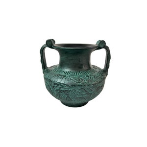Vintage Green Patina Metal Oxidation Effect Relief Terracotta Pottery Amphora Vase Urn Ancient Greek Mythology Scenses Greece Museum Replica