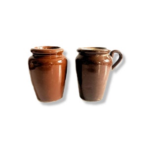 2 x Antique Vintage Brown Salt Glazed Stoneware Jug Pitcher Creamer Bottles Vases Pots Farmhouse Country House Rustic Kitchen Shelf Decor