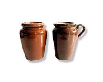 2 x Antique Vintage Brown Salt Glazed Stoneware Jug Pitcher Creamer Bottles Vases Pots Farmhouse Country House Rustic Kitchen Shelf Decor