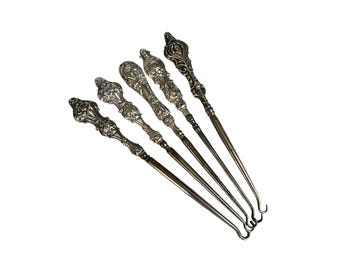 Antique Victorian Sterling Silver Handle Steel Shoe Button Hook Egg Coddler Accessory Birmingham
