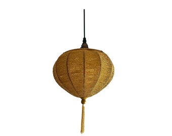 Vintage Beige Golden Beaded Tassel Ancient Oriental Style Lantern Up-lighter Pendant Ceiling Lamp Shade Boho Home Decor