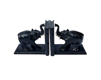 Antique Black Dark Brown Ebony Wood Wooden Bookends Shelf Decor Hand Carved Trunk Up Elephants Boho Eco Friendly Home Library Office Decor