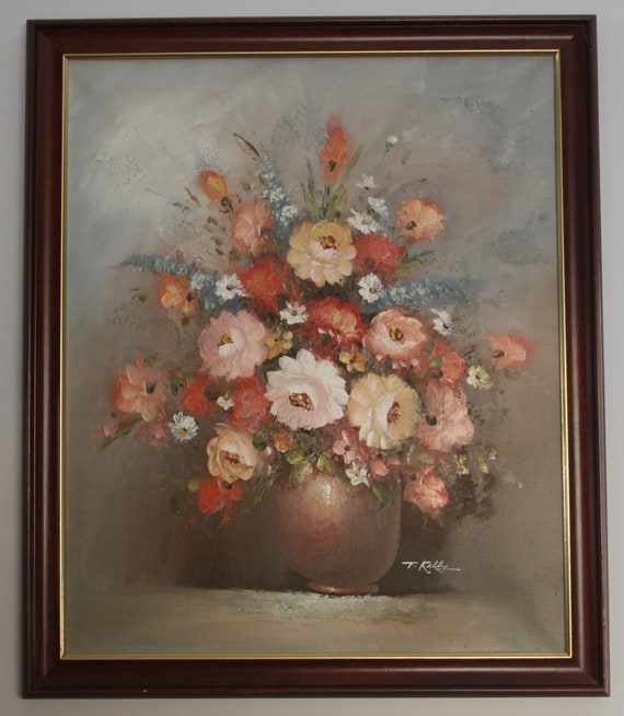 Vintage Original Oil Painting Art Canvas Brown Vase of Garden