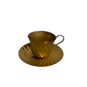 Vintage Brass Duet Tea Set Twisted Handle Teacup and Scalloped Edge Saucer Hand Chased Farmhouse Home Decor