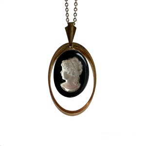 Vintage Czech Oval Golden Brass Framed Frosted White and Black Glass Minimalist Classical Victorian Lady Cameo Pendant Gift for Her