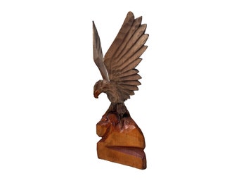 Vintage USSR Hand Carved Eagle Bird Catching the Snake Figurine Wooden Sculpture Statue Tan Brown Wood Eco Friendly Boho Home Shelf Decor