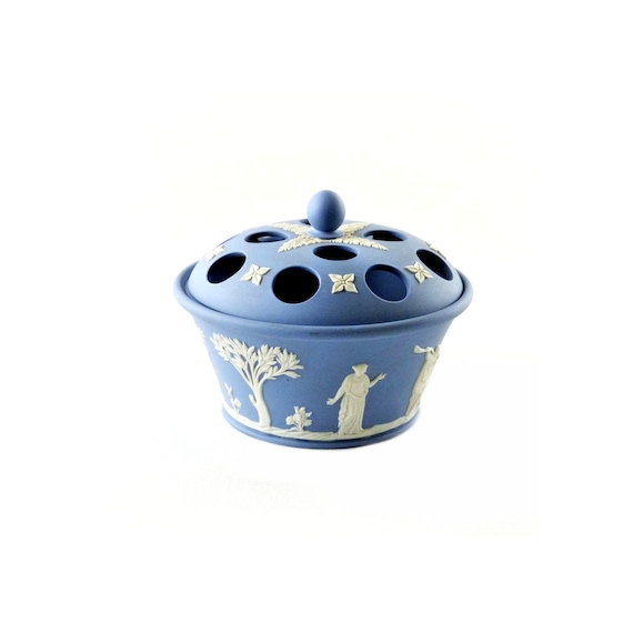 Vintage Blue Wedgwood Jasperware Ornamental Potpourri Pot Rose Bowl Bud Flower Arranger Vanity Dressing Table Decor Gift For Her
