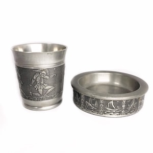 Vintage Zinn German Pewter Decorative Tumbler Cup & Dish Ashtray Rustic Decor