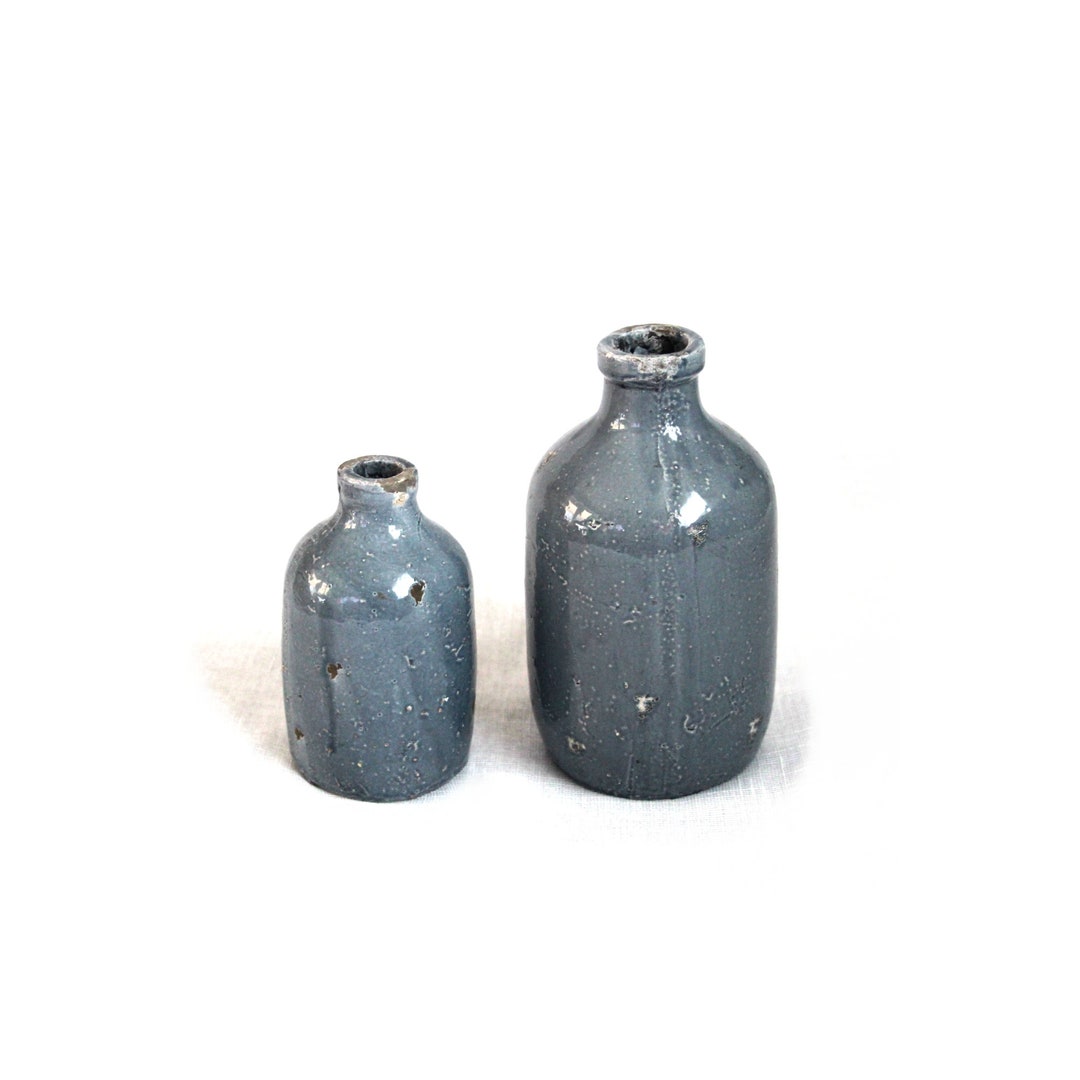 2 Antique Vintage Blue Stoneware Salt Glazed Pottery Ceramic Bottles