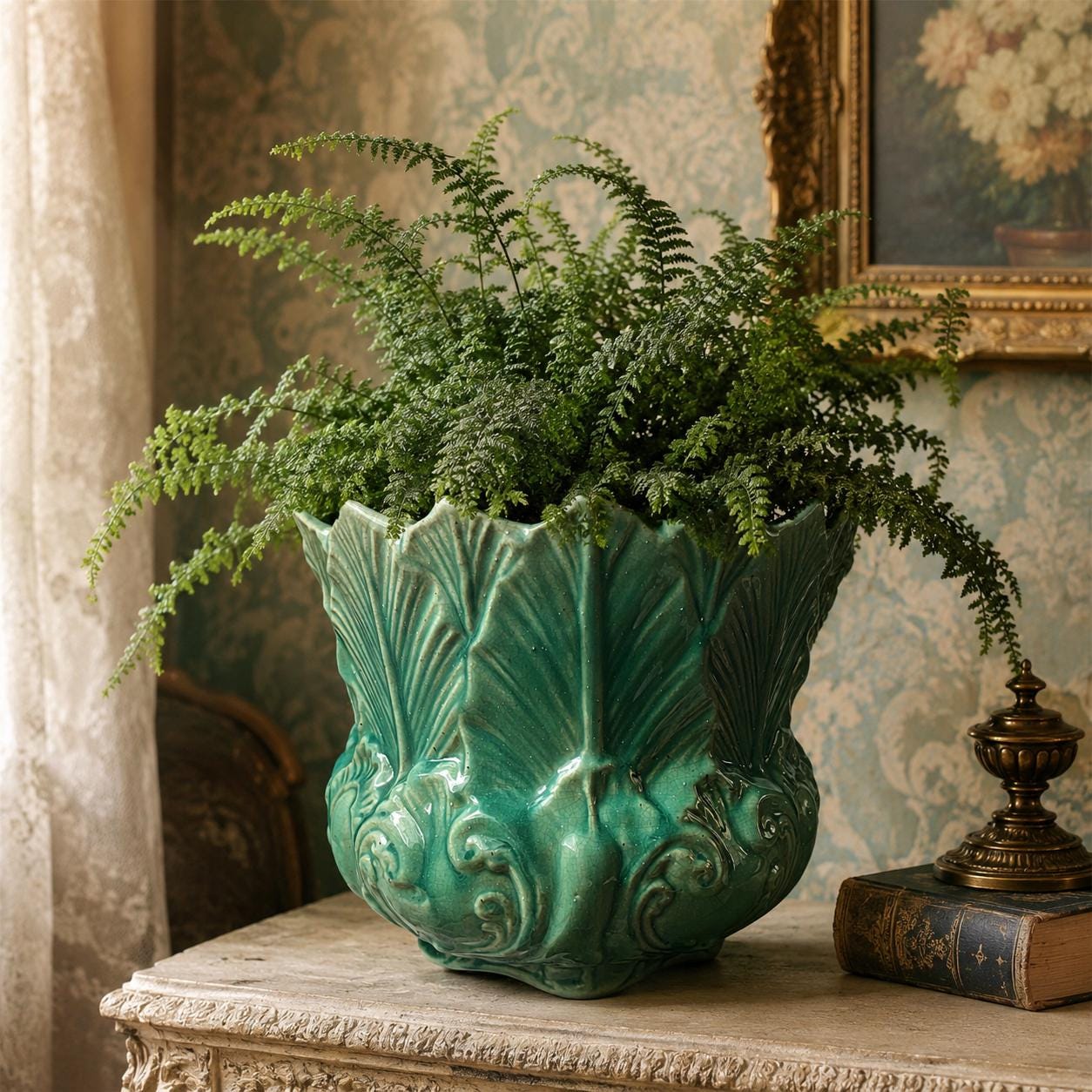 Antique Victorian Art Nouveau Turquoise Green New Leaf English
