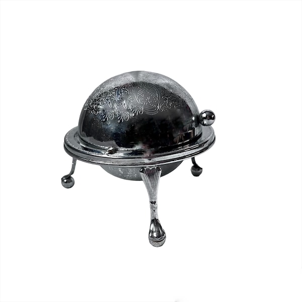 Vintage Silver Tone Steel Caviar Butter Dish Roll Top Globe Round Footed Ashtray Queen Anne England Dining Tableware Decor