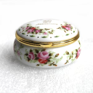 Vintage Leonardo Collection Silver 25th Anniversary Wedding Small Porcelain White Gold Trim Rose Floral Trinket Round Ring Jewellery Box