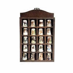20 Vintage Decorative Sewing Thimbles in Case Display Shelf Showcase Horses & Dogs Collection in Wooden Shelf Sectional Craft Holder